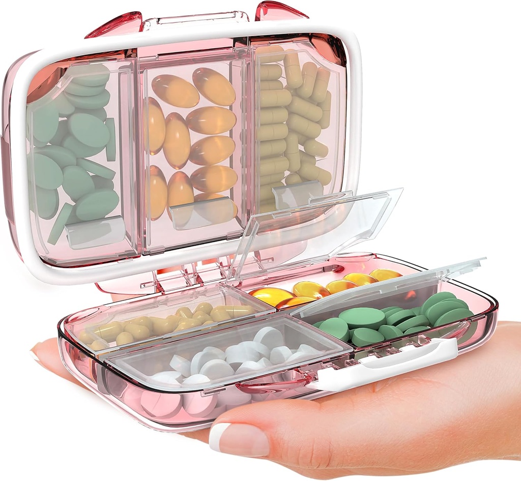 Organizador de píldoras de viaje - Moisture Proof Portable Vitamin Holder con 7 Compartments, Compact Supplement Case for Purse Essential Medicine Kit fot Traveling Pocket Pharmacy with Labels, Pink