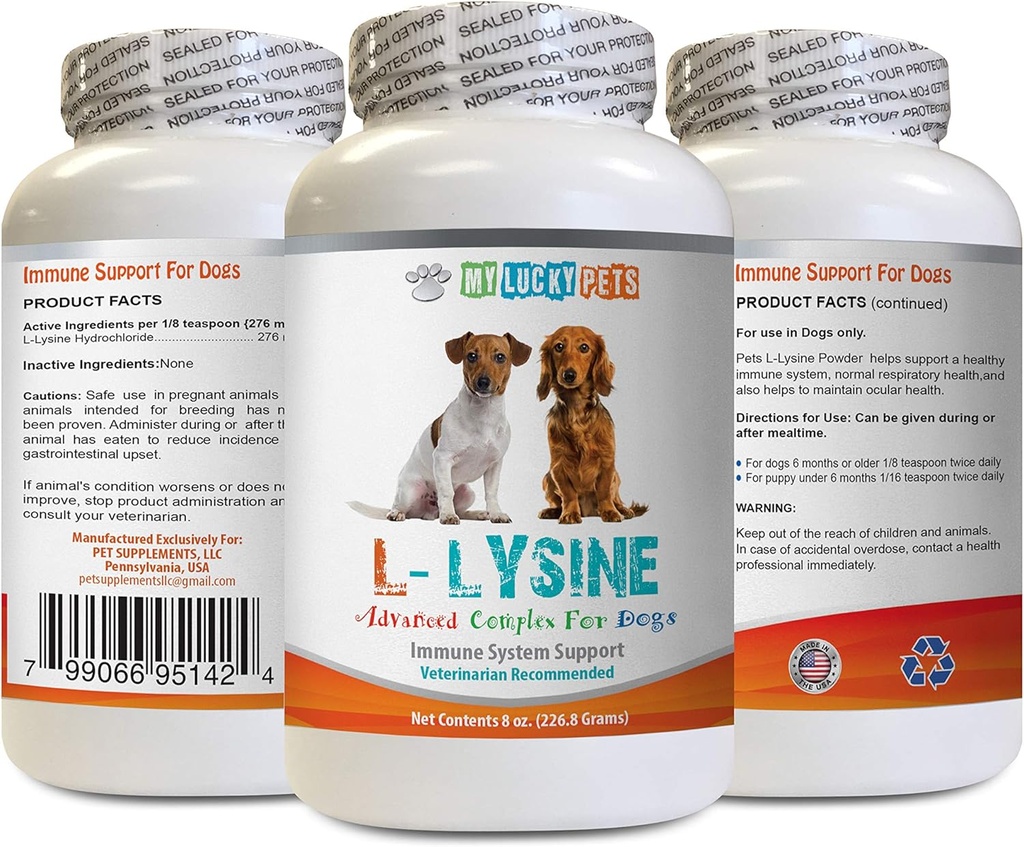 Dog Amino Acid Supplements - Dog LYSINE Powder - Pure Powder Form - Immune System Support - Vet Recommended - lysine Dogs - 1 Bottle (8oz 226.8 Grams)