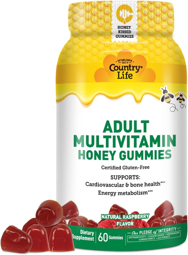 Country Life Adult Multivitamin Honey Gummies – Bone, Heart & Energy Support – Non-GMO, Certified Gluten Free, Vegetarian – Naturally Sweetened – 60 Gummies
