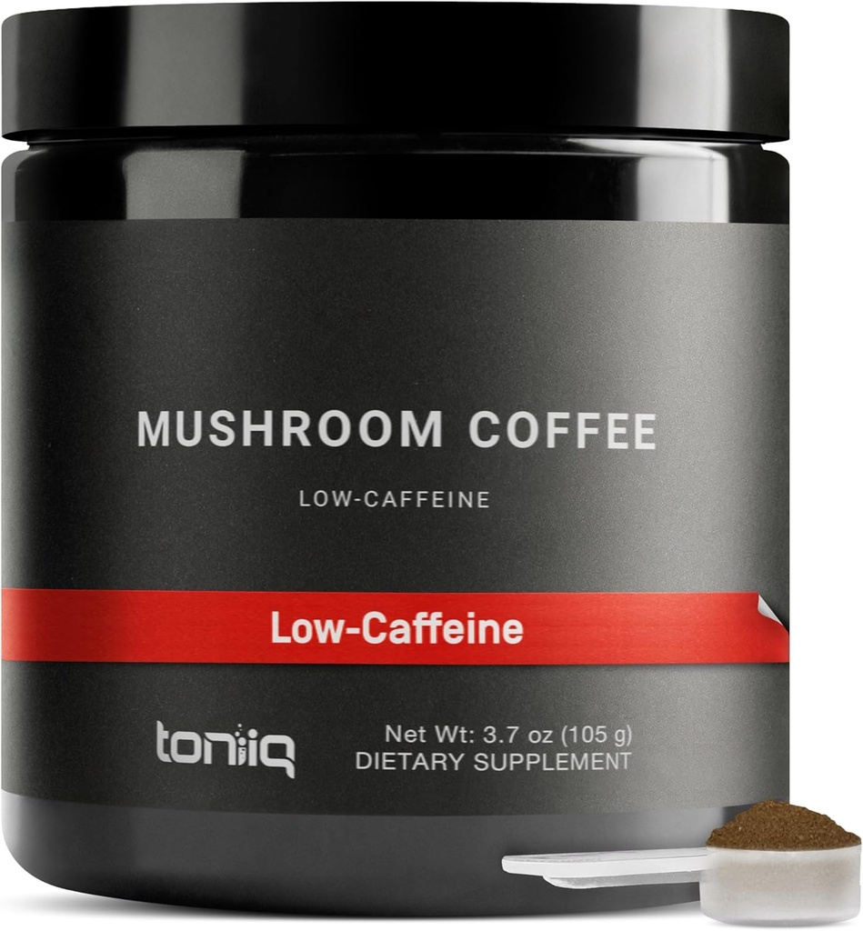 Toniiq Low-Caffeine Mushroom Coffee - Ultra High Potency 10:1 Concentrated Extract - Colombian Sourced Beans with 10 Mushroom Blend, Lion's Mane & Cordyceps - Functional Coffee Alternative
