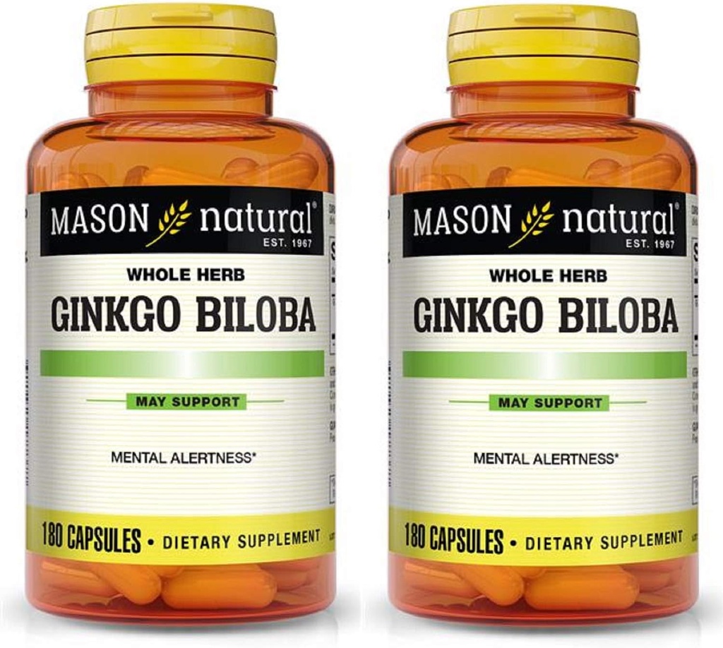 Masón Vitaminas Ginkgo Biloba 500 mg 180 Gelatin Capsules por Botella, Pack de 2 Botellas Total 360 cápsulas