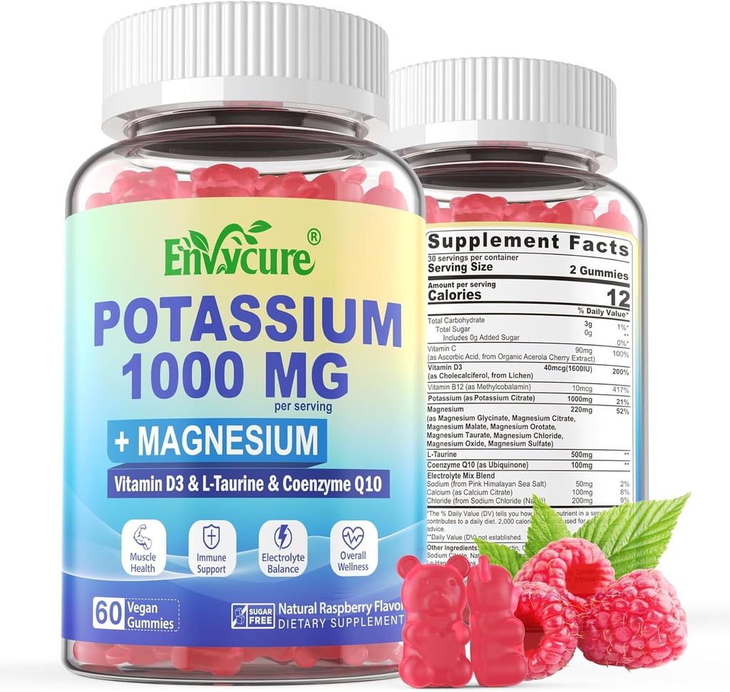 Suplemento de potasio Gummies - 1000mg Citrato de potasio con Complejo de Magnesio/Glycinate/Citrate, Coq10, L-Taurine, B12,D3–Electrolyte, Energía, Cerebro - Suplemento de magnesio de potasio para adultos, 2Pack