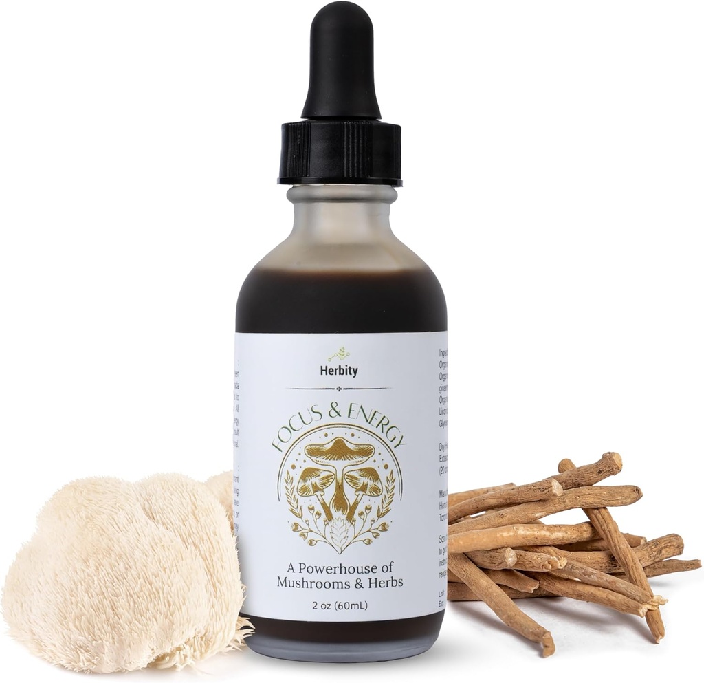 Focus &amp; Energy Natural Mushroom Tintura - Adaptogenic Mushroom Drops & Organic Unique Custom Blend - Suplemento para Immune Boost, Balance, Calma, Cognitive Support, and Stress (2oz)