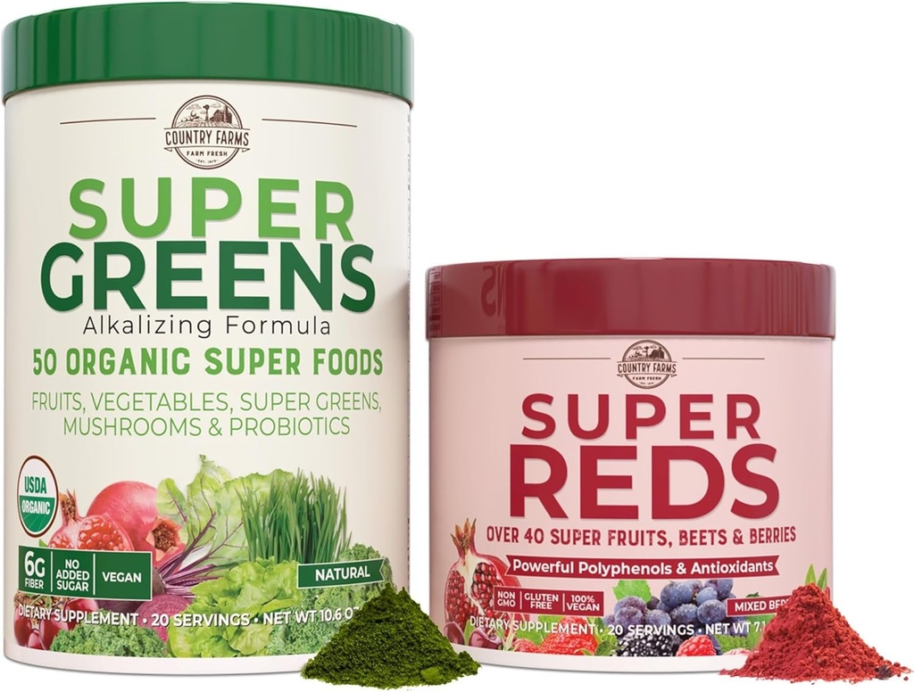 COUNTRY FARMS Essential Pack, Super Greens Powder y Super Reds, Empaquetado con 50 Super Foods Orgánicos y 40 Super Fruits, Energía Natural, Bloating Support, Unflavored & Berry Flavor, 17.7 oz, 2 Pack