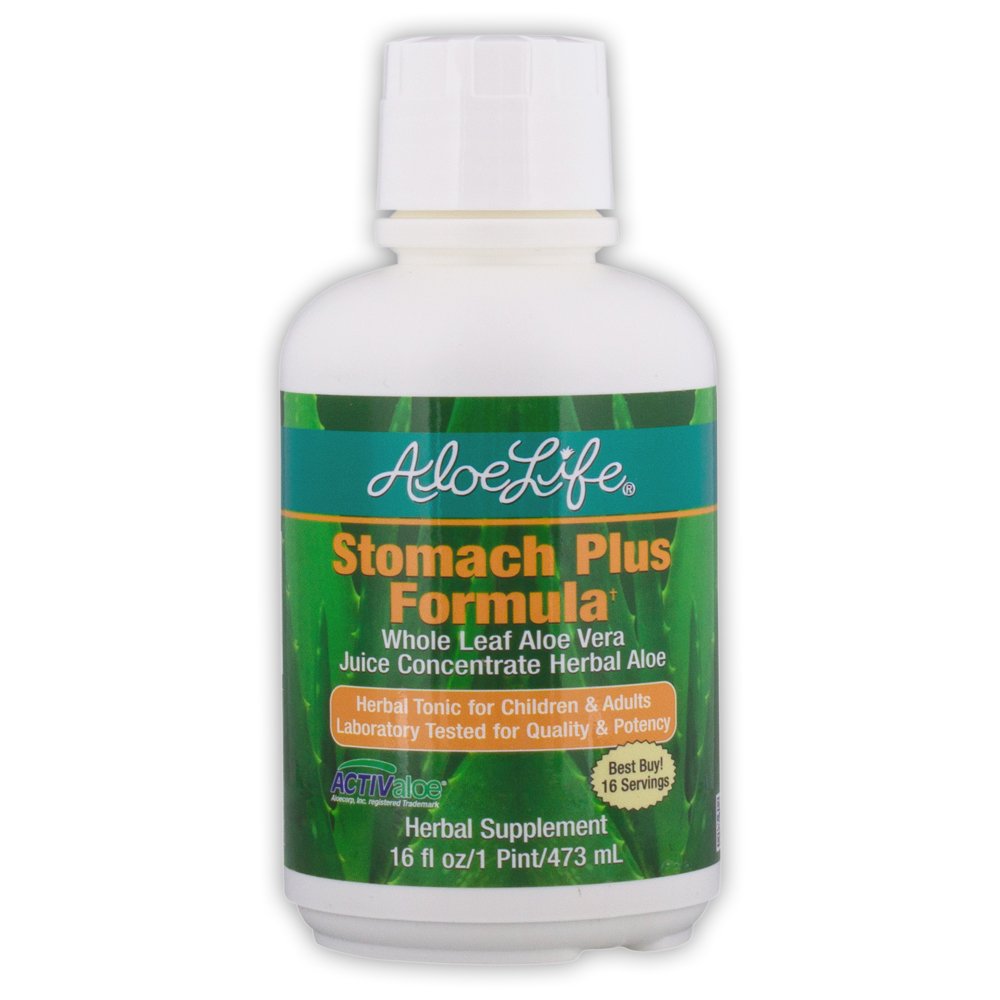 Aloe Life - Stomach Plus Formula, Fast-Acting Tonic for Children, Adults, " Seniors, Supports Healthy Digestion " Helps to Soothe Gas, Bloating, " Nausea, Aloe Vera Concentrate, Gluten-Free (16 oz)