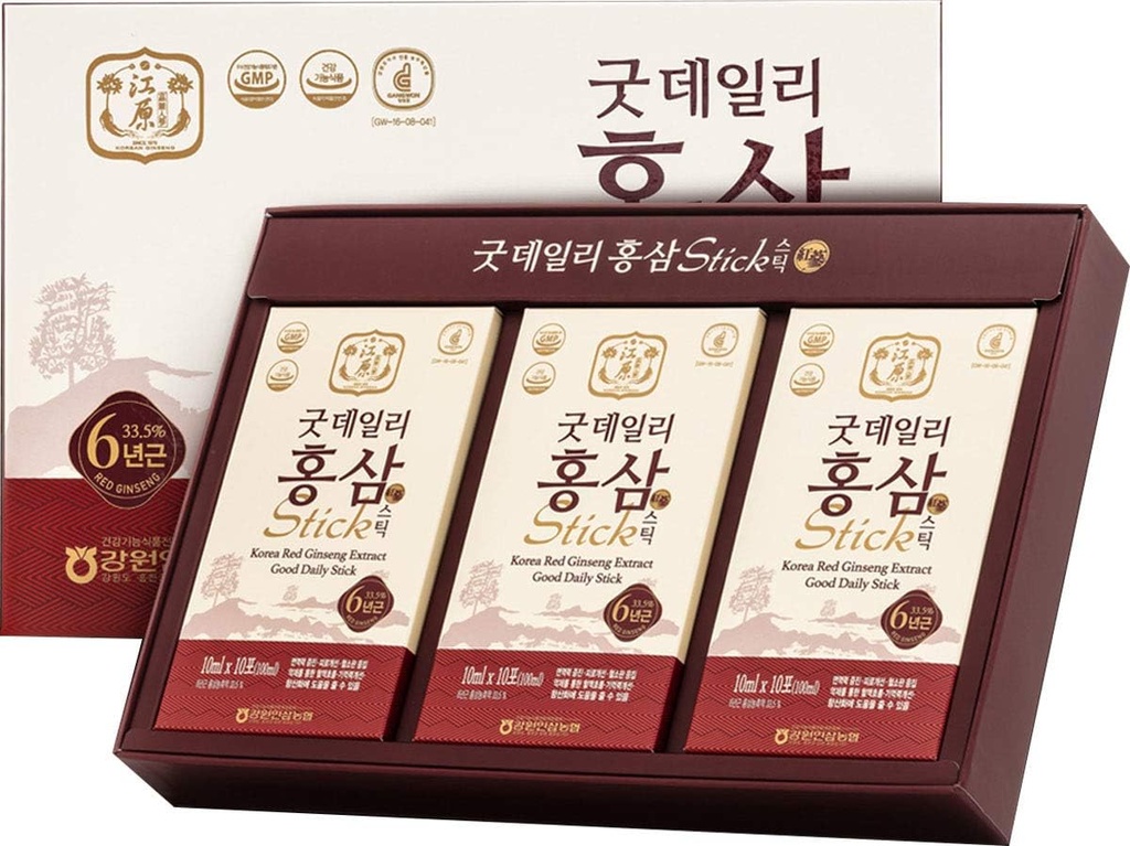 [Gangwoninsam] Korean Red Ginseng Extract Good Daily Stick 30 Count – Contains 6 Year Korean Red Ginseng Extract, Korean Food, Individually Packaged, 0.35 fl. oz (10ml), 3 X 10-Count Box