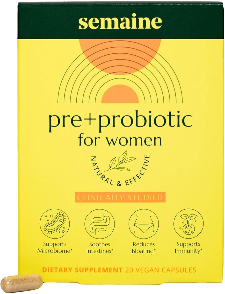 Prebiótico Semaine Super Powered + Probiótico para Mujeres, Fórmula Multi-Acción efectiva de 3-en-1 a Nourish Gut Health, Soothe IBS, Apoyo Bloat Relief & Immunity Boost, Clinically-Studied (20 ct)