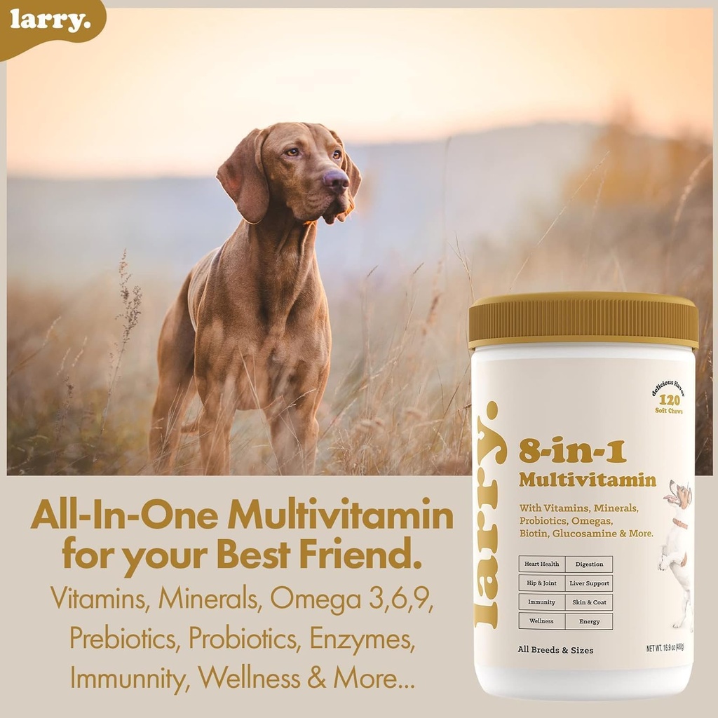 Larry 8-in-1 Perro Multivitamina TENIDO Corazón, Digestión, hígado, piel, carne, " Soporte conjunto para perros TENIDO Vitaminas para perros con vitaminas, minerales, omegas, " Condroitina de Glucosamina TEN 60 Mandíbulas suaves