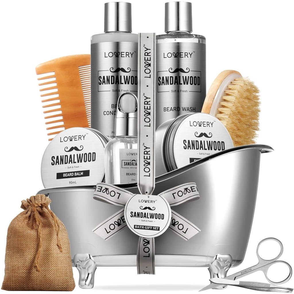 Mens Gifts, Sandalwood Beard Grooming Kit, Mens Grooming Kit for Boyfriend Papá, Él, 11pc Beard Straightener for Mens Beard Care, Beard Growth and Trimming Gift, Beard Wash Growth Oil &amp; More
