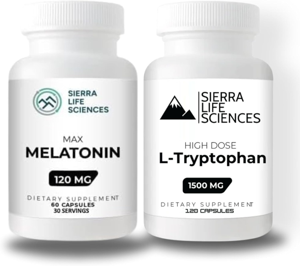1500mg L-Tryptophan & 120mg Melatonin Bundle ← Capsules de alta dosis para el sueño y el somnoliento Apoyo viv Gluten-Free, Non-GMO, Veg-Caps Silencio 30 Servimientos Cada uno