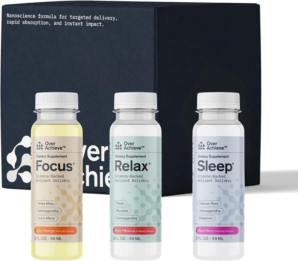 Suplemento Paquete de Variedad con Tecnología de Nanociencia Avanzada, 12 Pack, Calma de Estrés Bebida Relájate, Bebida de Ayuda al Sueño, Bebida Nootrópica de Suplemento Cerebral, 2 oz Shot