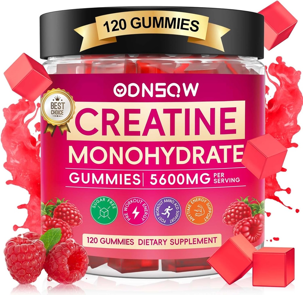 Cretina Monohydrate Gummies for Men &amp; Women 120 CT - 5600mg de Monohidrato de Creatina por Serving - Vegan, Azúcar Monohidrato de Creatina Libre para la Fuerza del Musculo, Energía Boost (Raspberry Flavor)