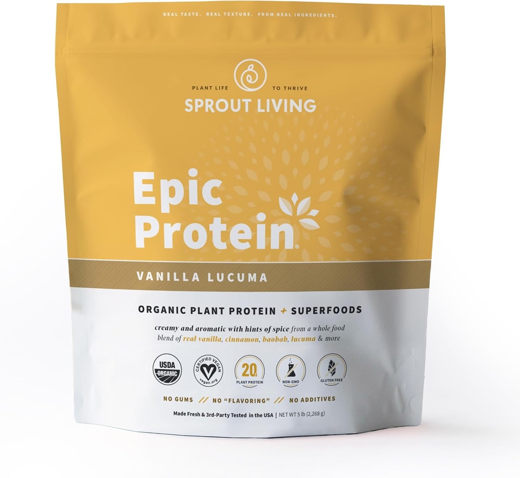 Sprout Living Epic Protein, Plant Based Protein & Superfoods Powder, Vanilla Lucuma Powder | 20 Grams Organic Protein Powder, Vegan, Non Dairy, Non-GMO, Gluten Free, Low Sugar (5 Pound, 60 Servings)