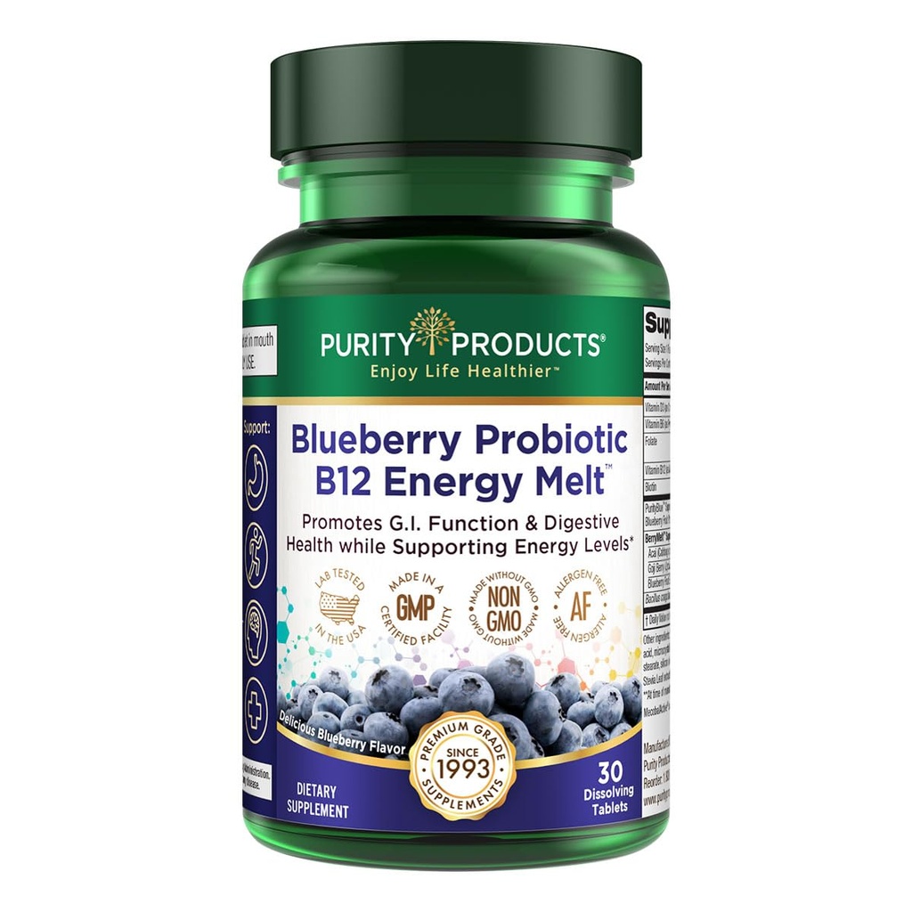 Productos de pureza Blueberry Probiotic B12 Energy Melt Clinical Probiotic - Blueberries orgánicas, Methylcobalamin B-12-30 Melts