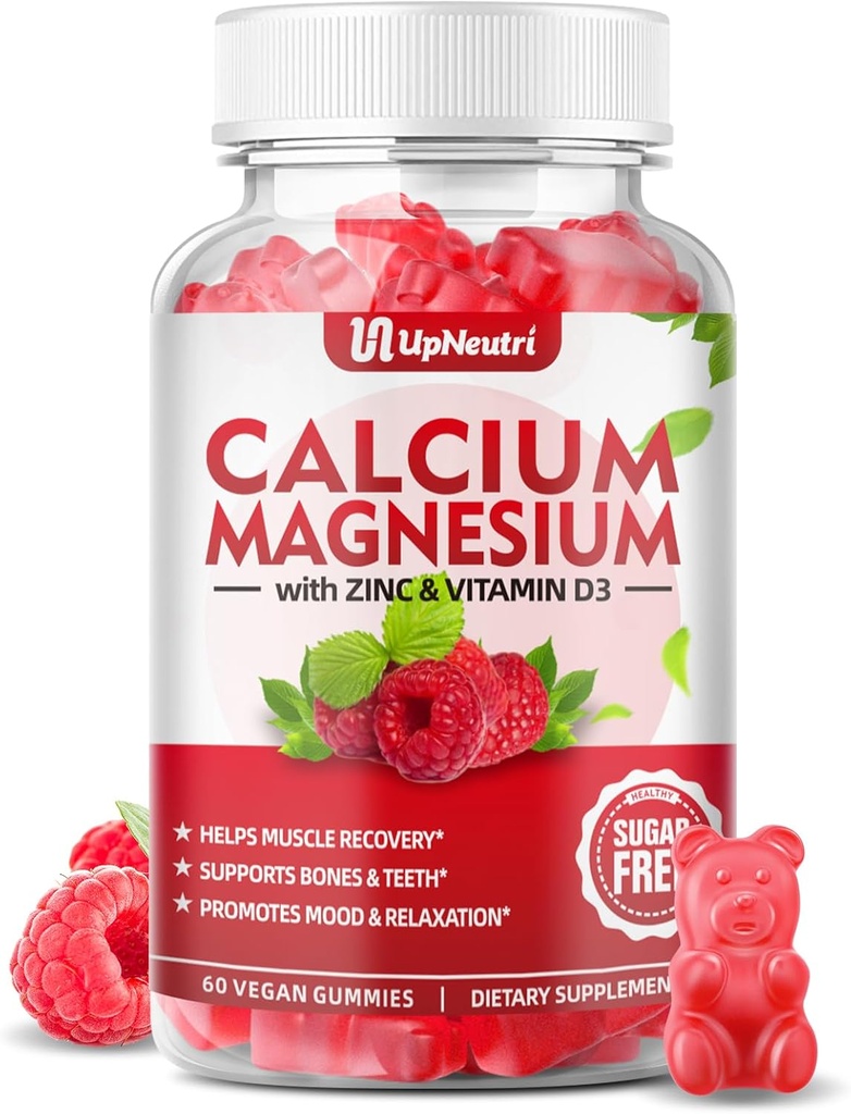 Calcium Magnesium Zinc with Vitamin D3 Supplement, Sugar Free Calcium Gummies for Women Men, High Absorption Zinc Gummies for Bone & Muscle & Immune Health, Vegan Raspberry Flavor - 60 Count