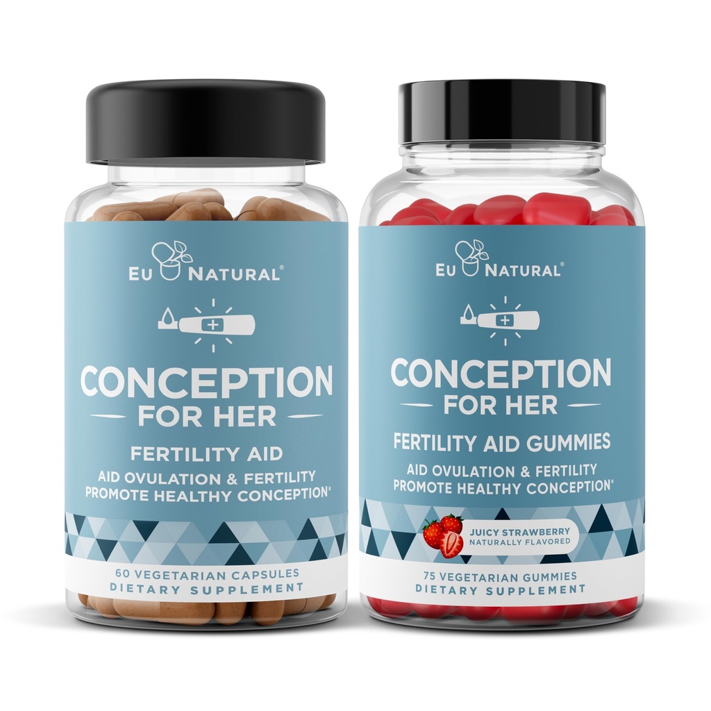 Eu Natural Concepción para sus capsules &amp; Gummies Bundle – Ayudas Ovulación, Equilibrio Hormonal, & Ciclos Regulares – 60 cápsulas + 75 Gummies de Sabor de Fresa