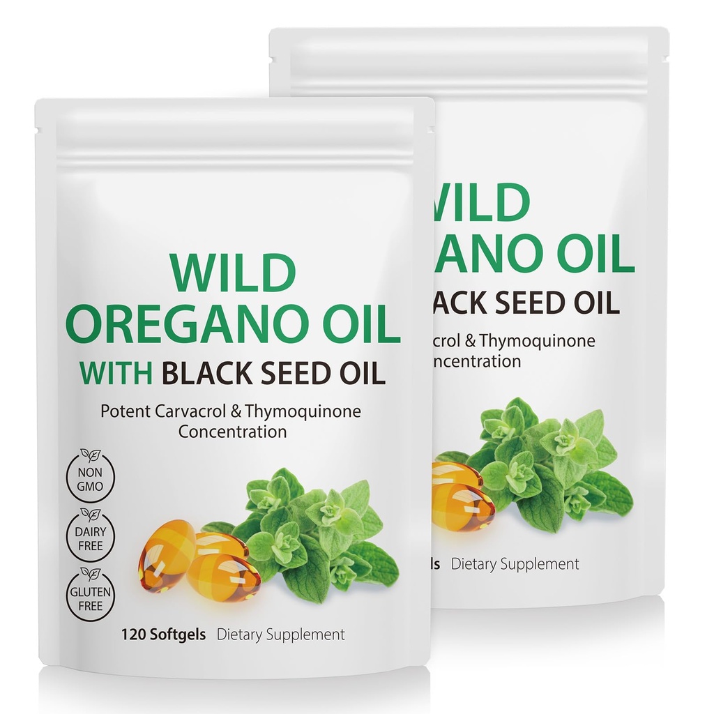 2 Pack Oil of Oregano Softgels, Oregano Oil Capsules, 165mg Carvacrol, 2 en 1 Fórmido aceite de orégano con aceite de semilla Negro 200mg, Oregano Oil Supplement Capsules
