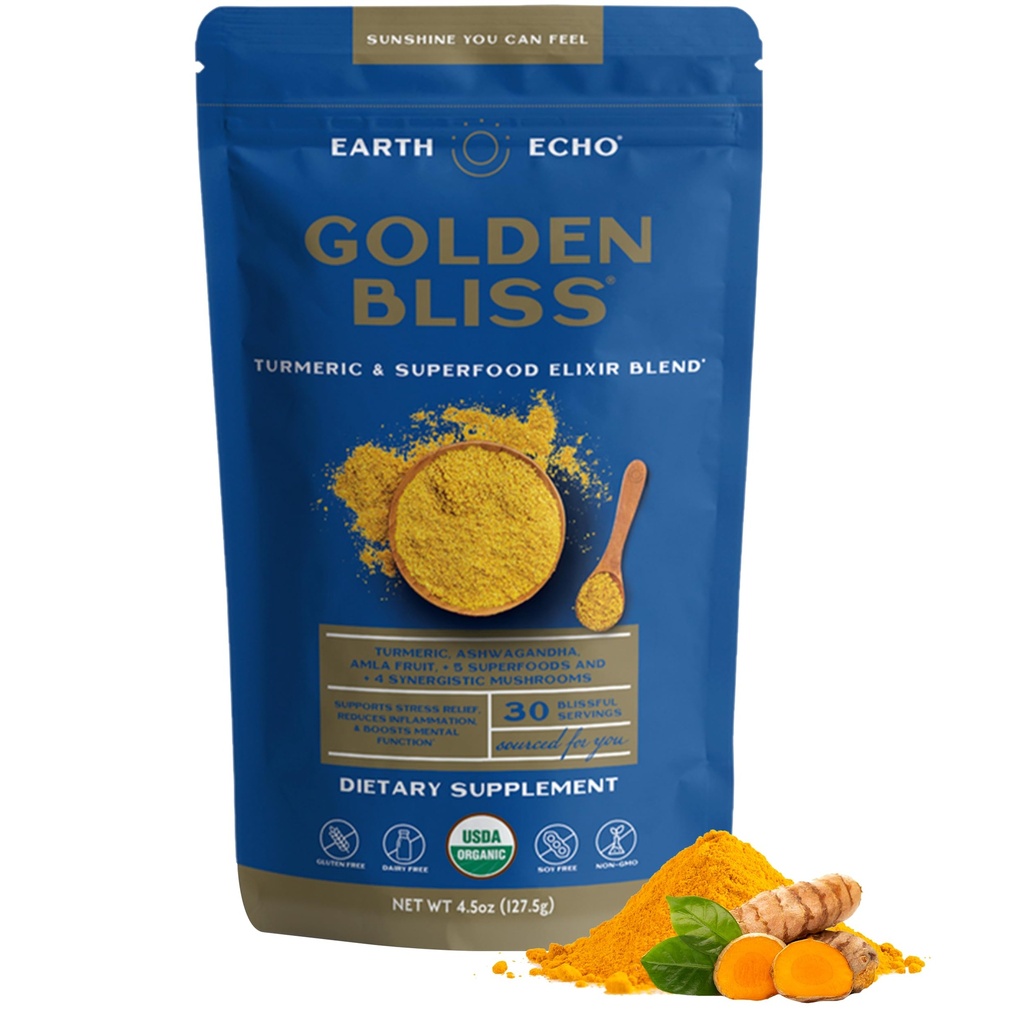 Earth Echo Golden Bliss - Organic Golden Milk with Turmeric and Ginger - Nighttime Superfood Mix for Relaxation & Sleep - Milk Powder for Baking & Latte - Vegan, Dairy-Free, Keto-Friendly, 30 Servings