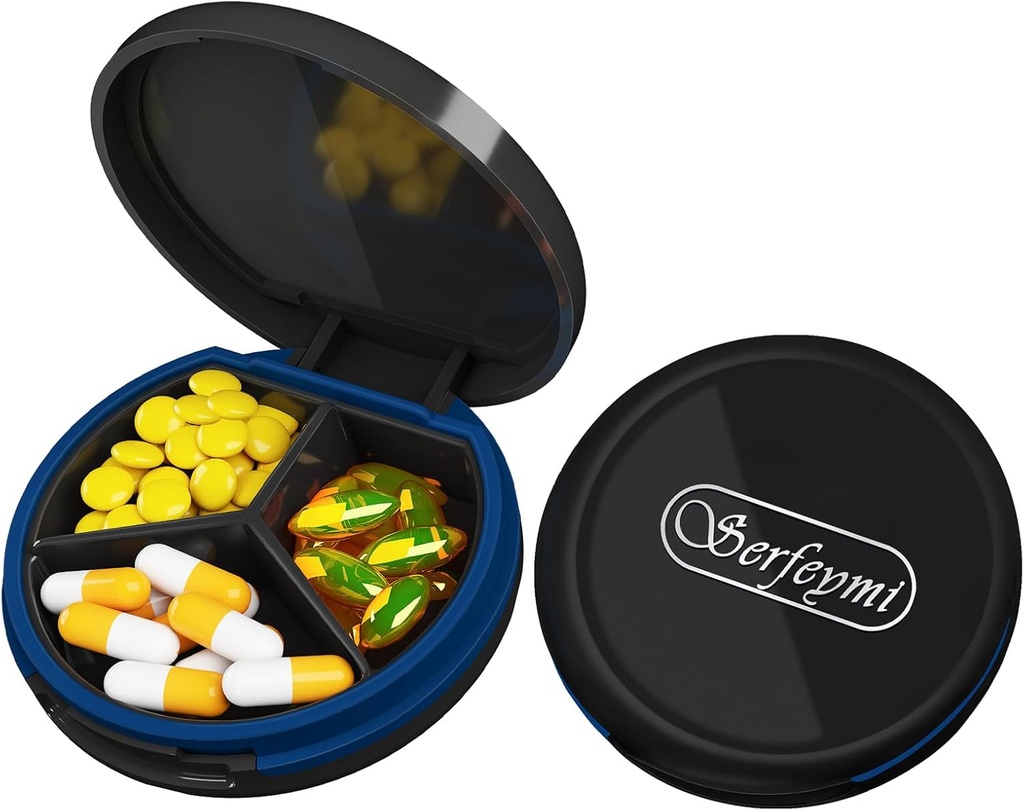Caja de Pill pequeña Serfeymi - 3 Compartimientos Caja de Píldora Portátil, Caja de Píldora compacta Mini - Apto para Medicina, Vitamina, Aceite de Pesca, Suplementos - Negro(Logo)