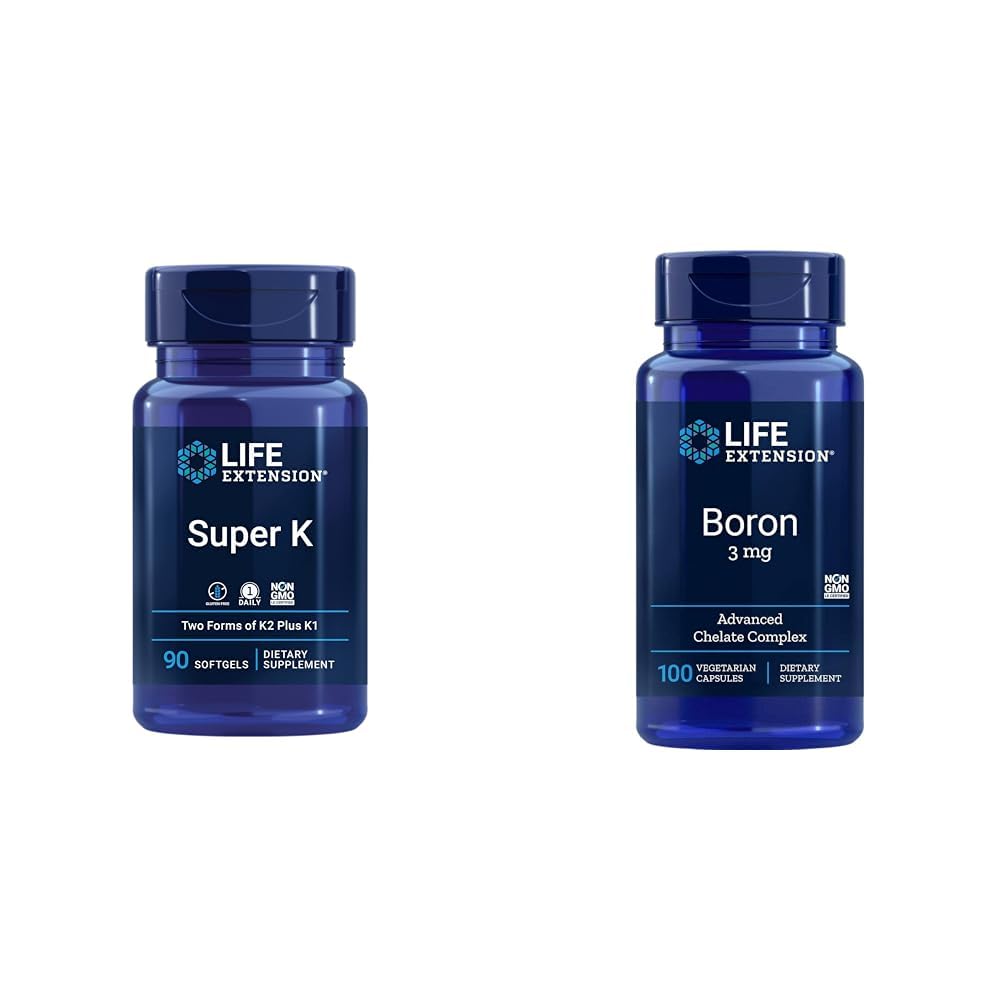 Life Extension Super K Vitamin K1, K2 MK-7, MK-4, Vitamin C, Bone/Heart Health, 3-Month Supply and Boron 3 Mg 100 Vegetarian Capsules