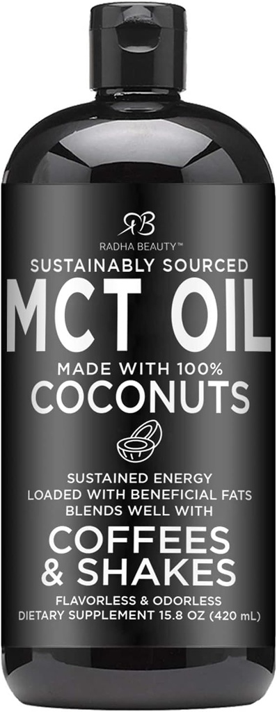 Radha Beauty Premium MCT Oil Made only from Non-GMO Coconuts - 15.8oz. Keto, Paleo, Gluten Free and Vegan Approved.