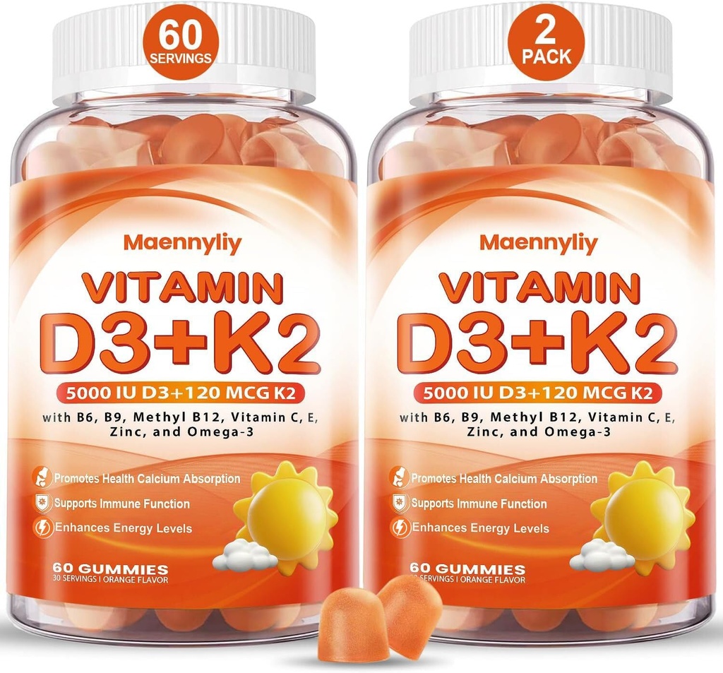 Vitamina D3 K2 Gummies para adultos - Vitamina D3 5000IU + K2 (MK-7) 120mcg - Suplementos D3 y K2 sin azúcar con Omega-3, Metil B12, B9, B6, Vitaminas E &amp; Zinc - para la Absorción de calcio &amp; Salud Inmunitaria