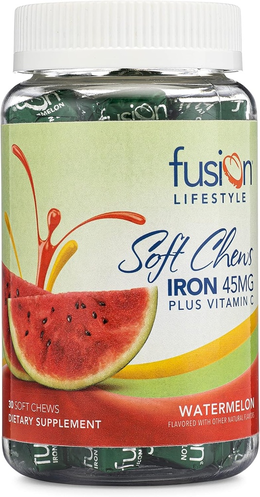 Iron Supplement for Women and Men, Watermelon Flavored Iron Soft Chew Plus Vitamin C for Iron Deficiency and Anemia, 1 Month Supply, 30 Count