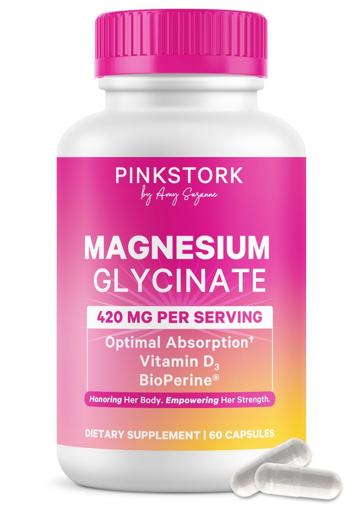 Pink Stork Magnesium Glycinate with Vitamin D - Magnesium Supplement for Women to Support Natural Calm, Mood, and Sleep - Hormone Balance for Women - 60 Capsules, 1 Month Supply