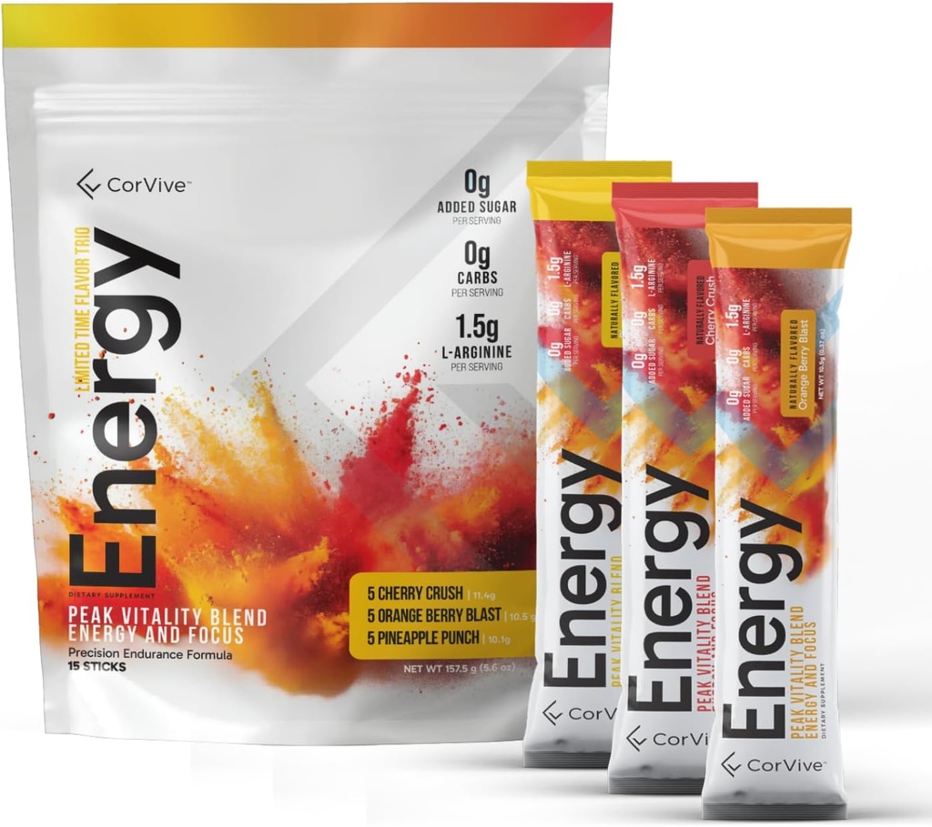 Energy Drink Mix Variety Pack - Natural Energy & Focus Supplement with Carnosyn®, Ashwagandha, L-Arginine, Theobromine - Zero Sugar, 5 Calories, 120mg Caffeine