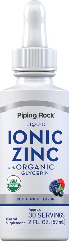 Piping Rock Líquido Zinc Silencioso Ionic Zinc Sulfate  with Organic Glycerin Silencio 2 oz Silencio Fruit Punch Flavor ANTE Vegetarian, Non-GMO, Gluten Free Supplement