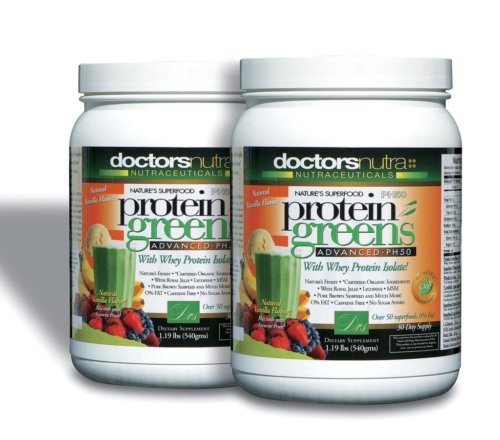 (Pack of 2) PH50 Protein Greens Drink with Certified Organic Ingredients by Doctors Nutra Nutraceuticals, 1.19 libras (540 gramos) 50 Superfoods, Digestive Enzymes, Natural Vanilla Flavor