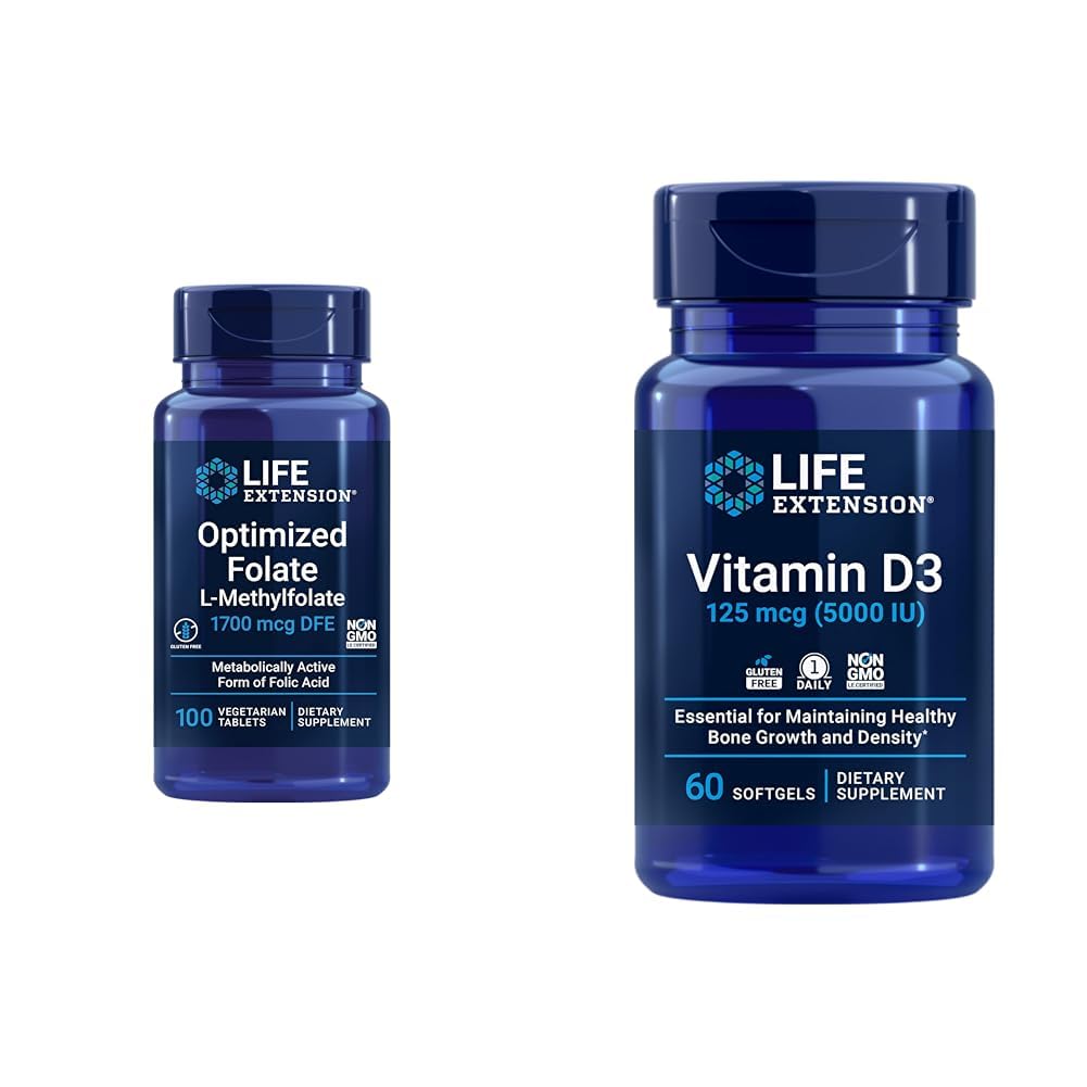 Extensión de vida Optimizada Corazón de folato &amp; Tablas de soporte cerebral y vitamina D3 Hueso, Cerebro &amp; Inmune Salud Softgels - 100 Tabletas, 60 Softgels