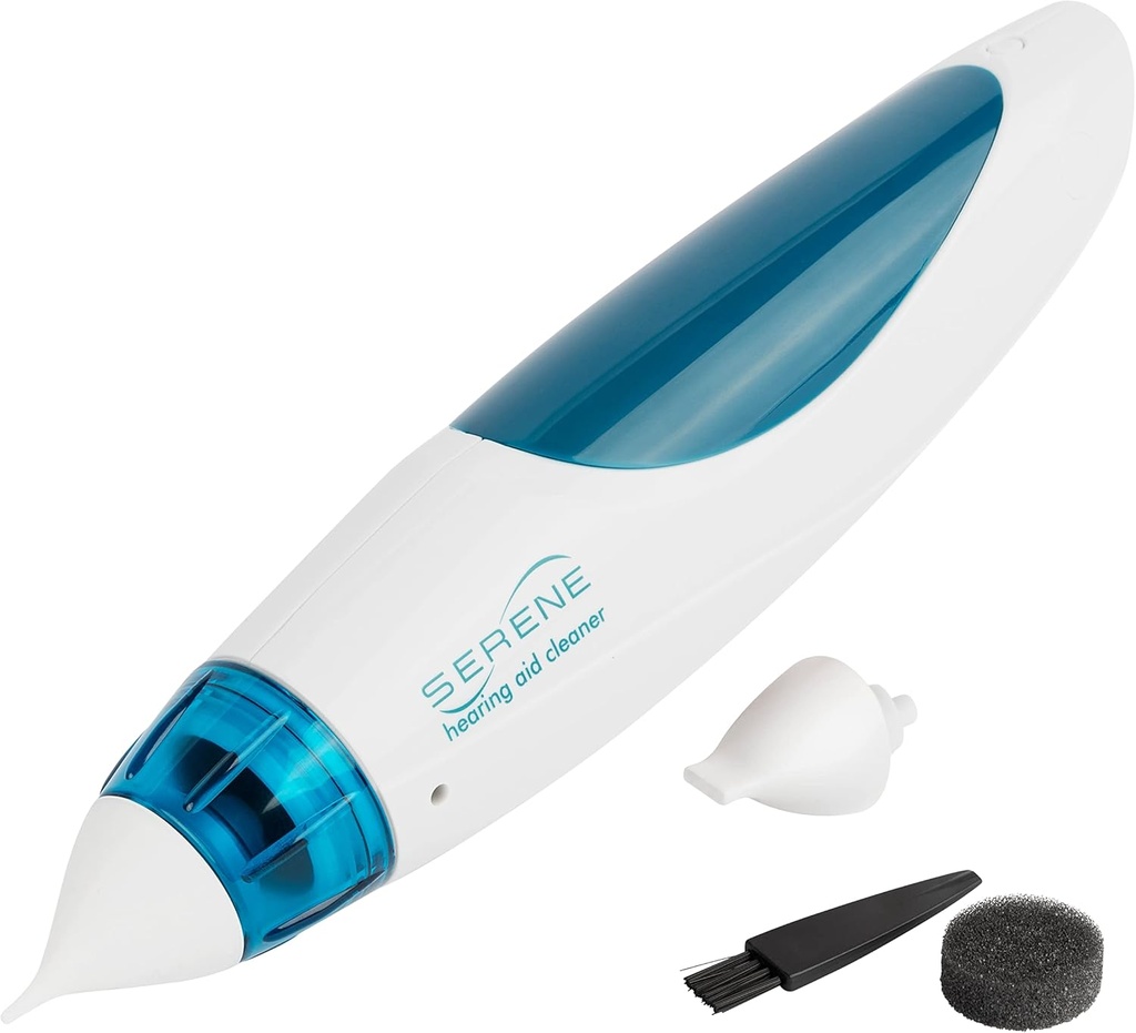 Serene Innovations Hearing Aid Cleaning Kit for Earwax Removal – Hearing Aid Cleaner funciona en 4 AA Batteries to Clean Hearing Aid Tubes, Earbuds, in-Ear Monitors, > Ear Wax Suction Vacuum