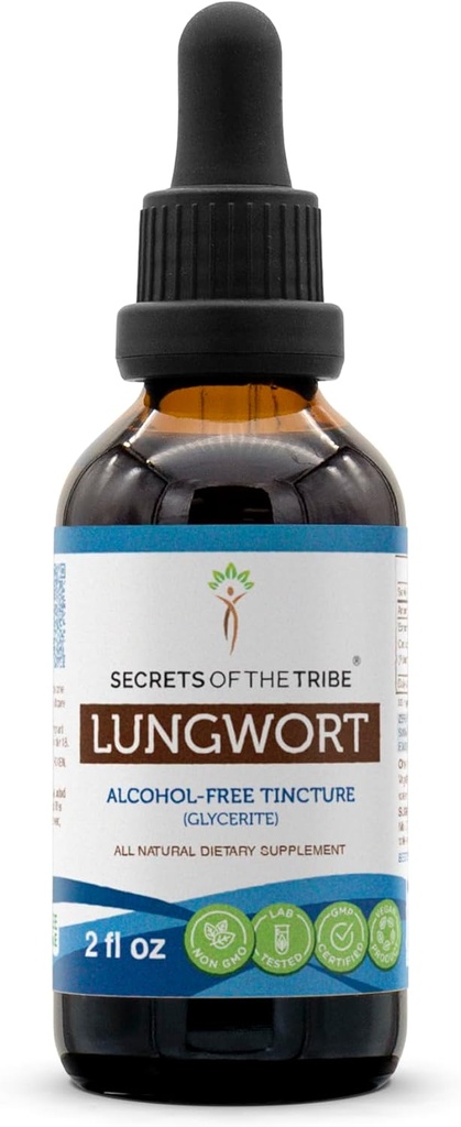 Secretos de la Tribu Lungwort Extracto líquido libre de alcohol, Lungwort (Pulmonaria officinalis) Leaf seco Tintura Suplemento 2 oz