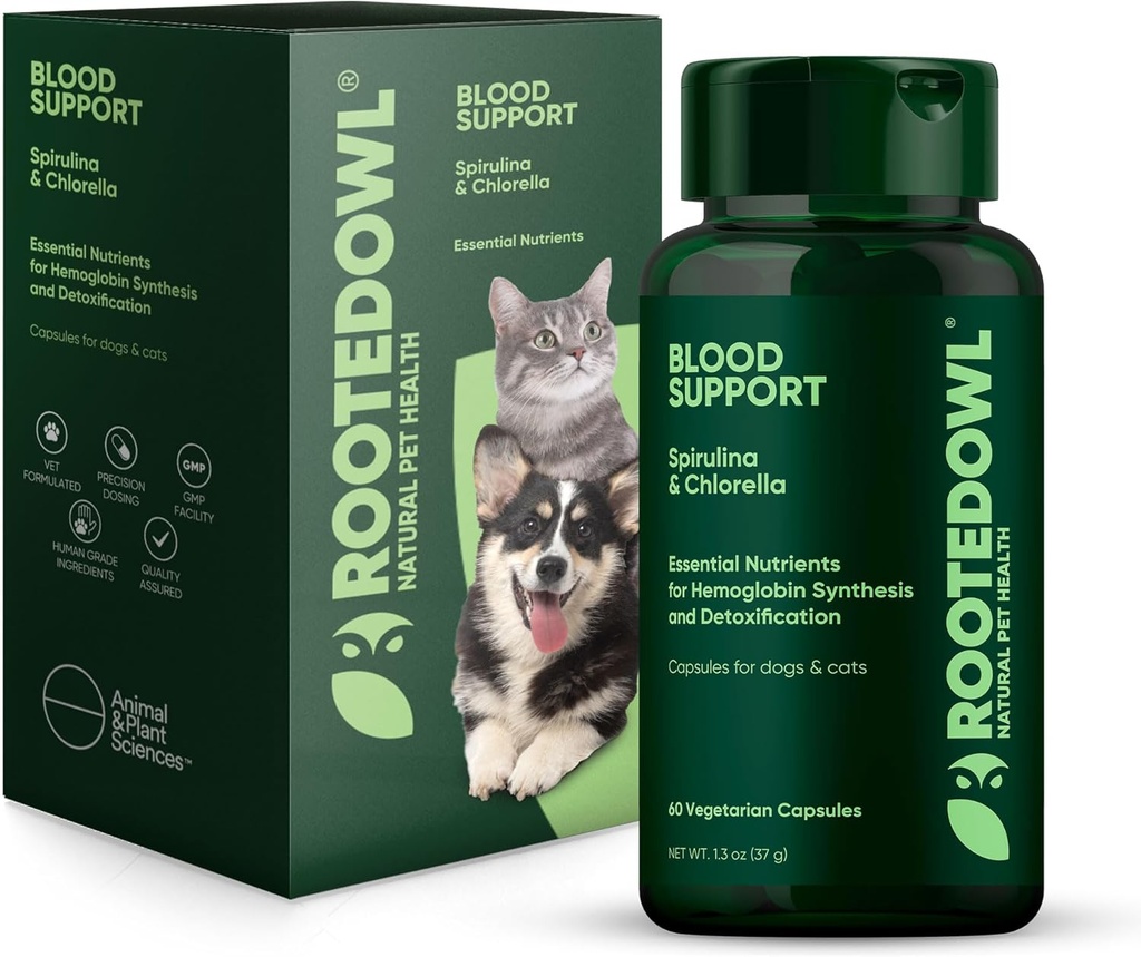 Apoyo a la sangre propia rota - Inmunity, Recovery and Iron Supplement for Dogs & Cats - Anemia Support with Spirulina and Chlorella - 60/ct Vegan Capsules