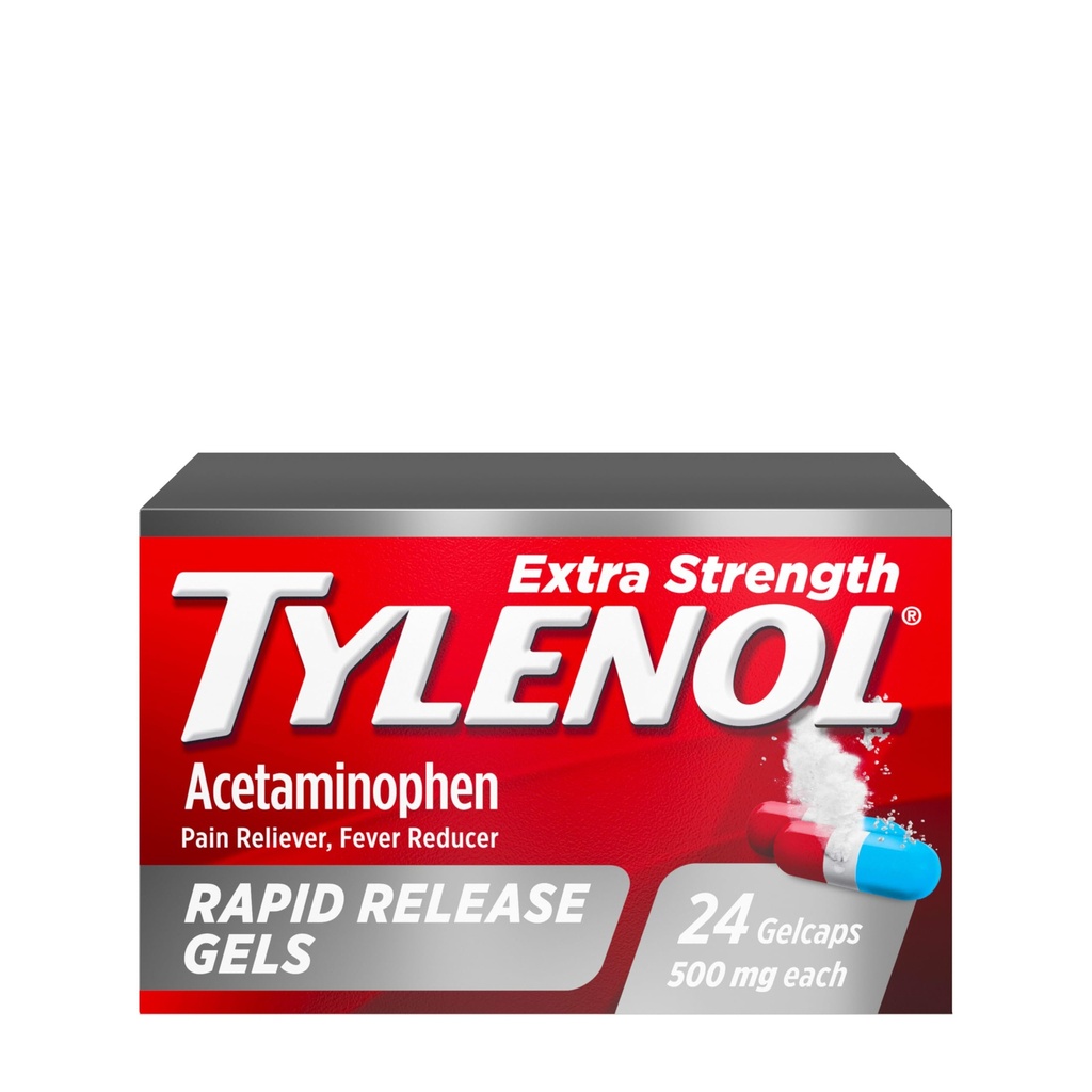 Tylenol Extra Strength Acetaminophen Rapid Release Gels, Extra Strength Pain Reliever & Fever Reducer, Gelcaps with Laser-Drilled Holes, 500 mg Acetaminophen, 24 ct