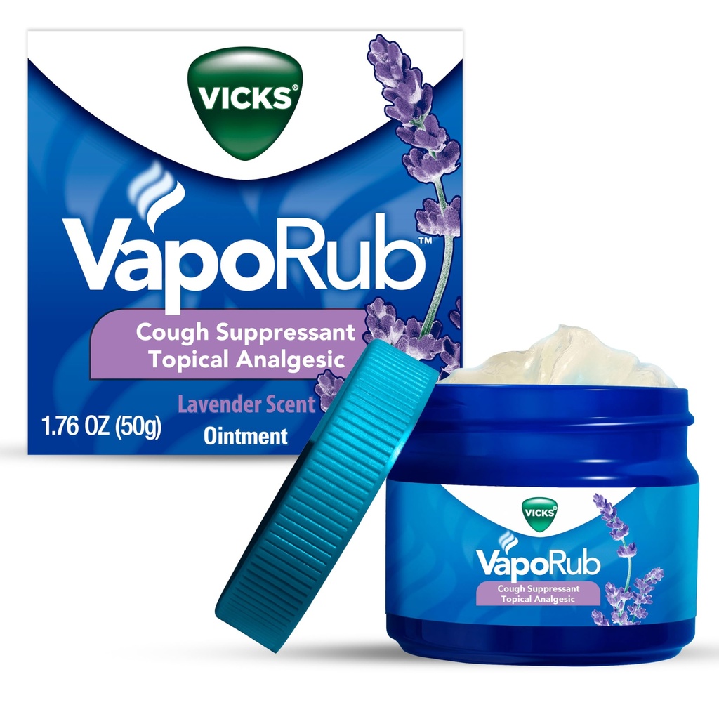 Vicks VapoRub, Lavender Scent, Suppressant, Topical Chest Rub &amp; Analgesic Ointment, Medicated Vicks Vapors, Relief from Cough Due to Cold, Aches & Pains, 1.76oz