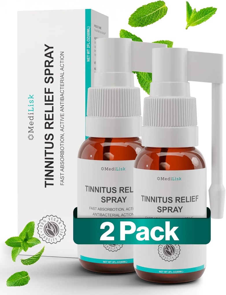Medilisk Tinnitus Relief Spray – Supports Tinnitus Relief for Ringing Ears – Herbal Ear Care Products – Tinnitus Treatments Prevention – Non-Steroidal & Hypoallergenic – 1 Fl Oz​ – Pack of 2