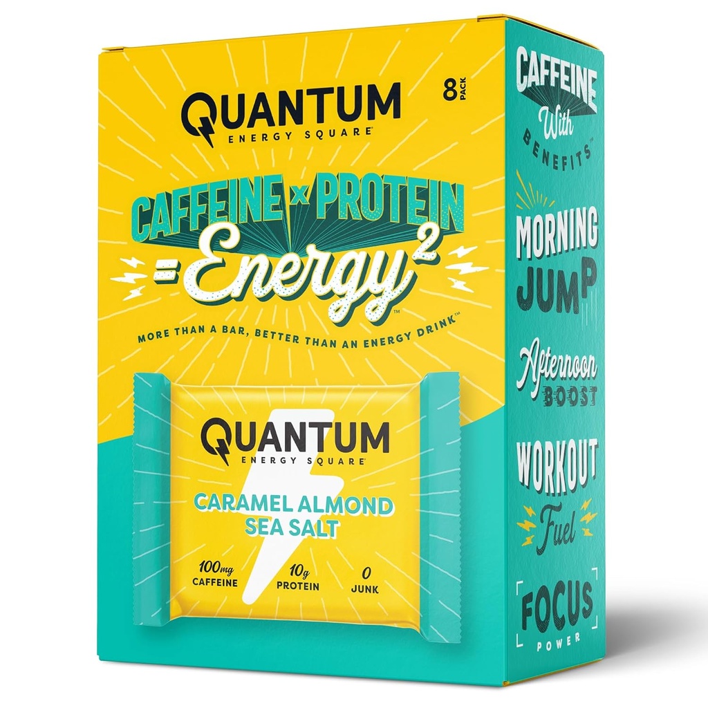 Quantum Energy Square: Energy Bar with Caffeine & 10g Protein. Delicious Healthy Snack On The Go. (Vegan, Gluten-free, Soy-free, Dairy-free) (Caramel Almond Sea Salt)