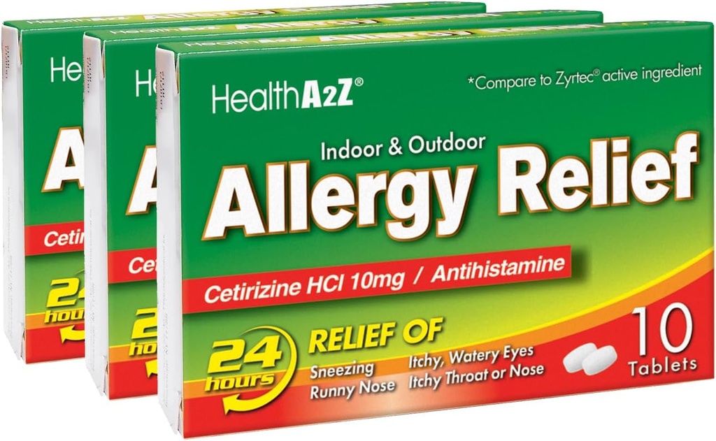 HealthA2Z® Alivio de la Alergia Silencioso Cetirizine 10mg ← Alivio de la Alergia Todo el Día Silencioso Indoor &amp; Outdoor Silencioso Alivio de Itchy Throat, Sneezing, Runny Noses (10 Conde (Pack of 3))