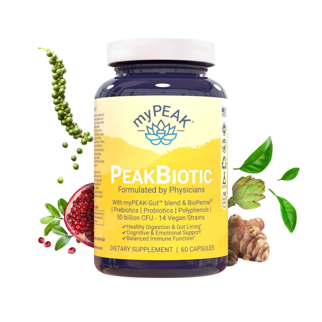 myPEAK PeakBiotic: The Ultimate Vegan Synbiotic with 50 Billion CFU Probiotics Prebiotics Postbiotics Modbiotics and Gut Lining to Enhance Digestion, Skin, and Mood with 2-Month Supply, 60 Capsules