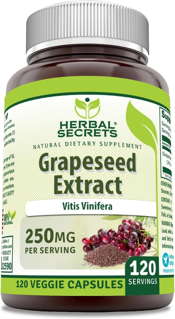Herbal Secrets Grapeseed Extract Supplement | 250 Mg per Serving | 120 Veggie Capsules | Non-GMO | Gluten-Free | Made in USA