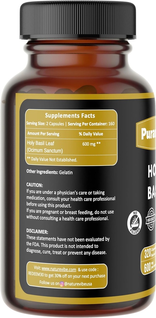 Holy Basil Premium 320 Capsules Non GMO and Gluten Free ← Herbal Supplement  600 mg Por Serving Silencio Hecho con 100% Pure Herb Holy Basil Leaf