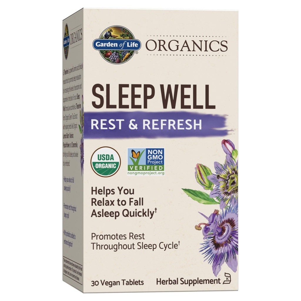 Jardín de Vida Orgánicas Descanso del sueño > Refrescos 30 Tabletas, Balm de limón, Tea verde Extracto L-Theanine, Golondrina Root, Chamomile, Probióticos-Organic No GMO Vegan Gluten Suplemento Herbario Libre