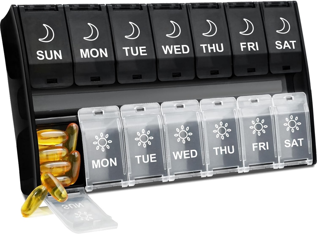 XL Gran Organizador de píldoras 2 veces al día, semanalmente Am Pm caja de píldoras con tapas hervidas, 7 días de medicina caso de la píldora de la vitamina, contenedor diario, gran organizador de medicamentos para suplemento