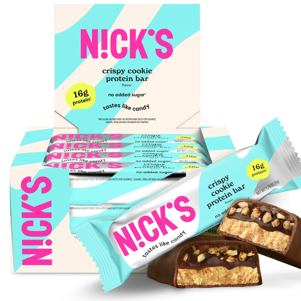 Las barras de proteína de Nick Crispy Cookie Chocolate, Alta Proteína, Bajas Calorias, Baja Carb, Calcetines Keto Friendly No Añadido Sugar (Multipack 12 bares x 50g), Crispy Cookie sabor