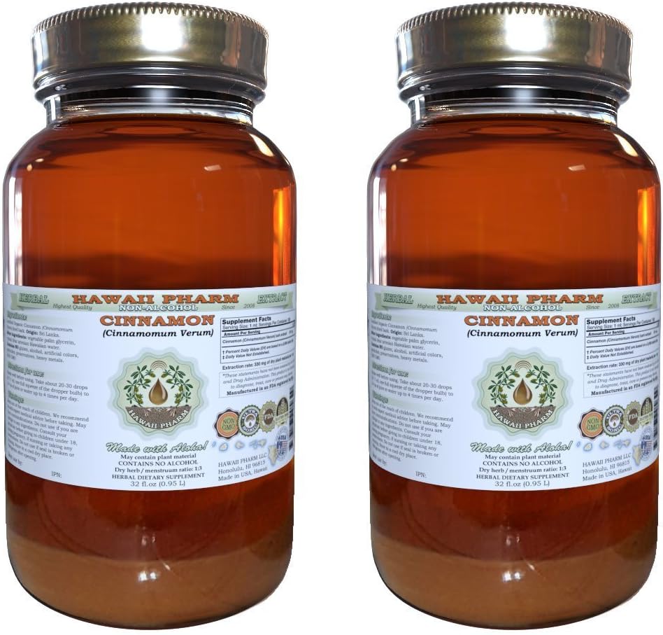 Cinnamon Alcohol-Free Liquid Extract, Cinnamon (Cinnamomum Verum) Dried Bark Glycerite Hawaii Pharm Natural Herbal Supplement 2x32 oz Unfiltered