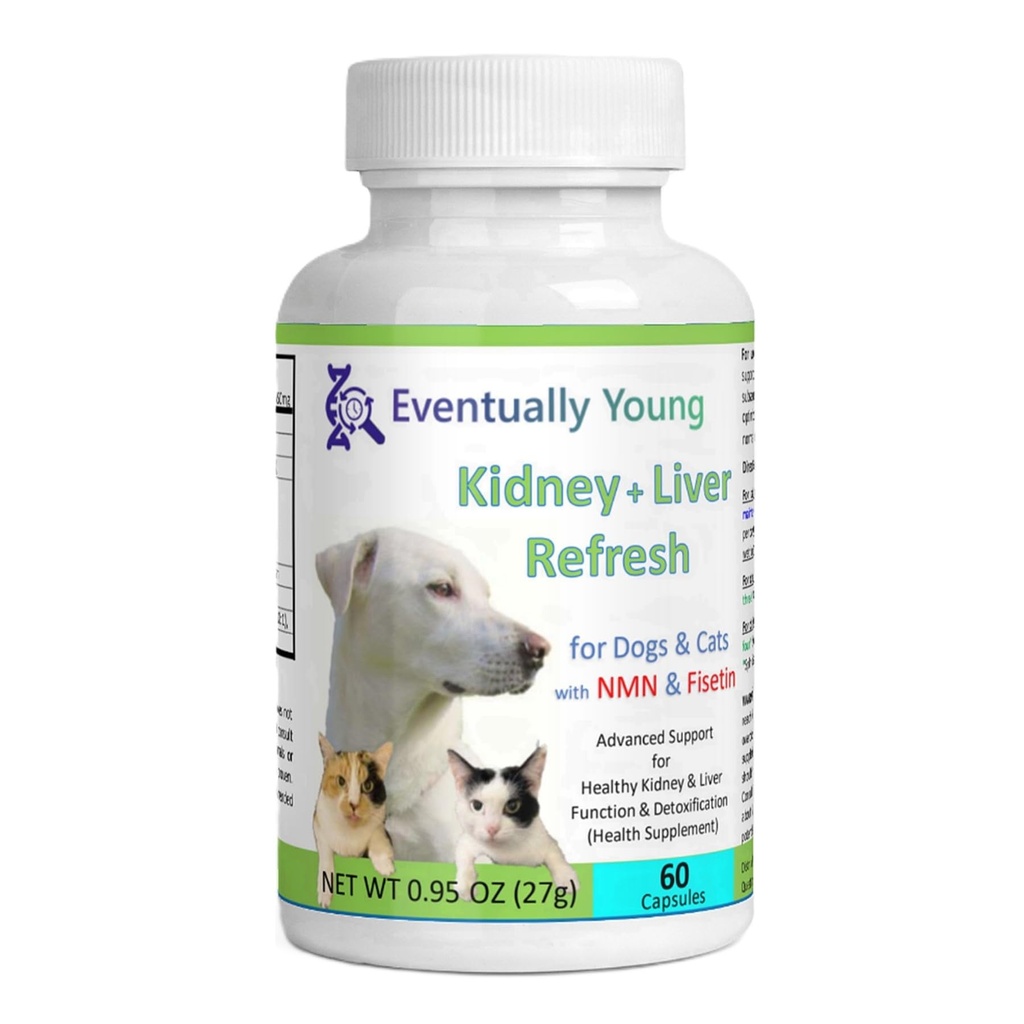 Eventualmente Young 12-in-1 Kidney Support Restore for Cats & Dogs: Super Phosphate Binder w/NMN, Fisetin, Antioxidants, Prebiotic &amp; Probiotic 4 Healthy Kidney & Liver Functions (60 Caps)