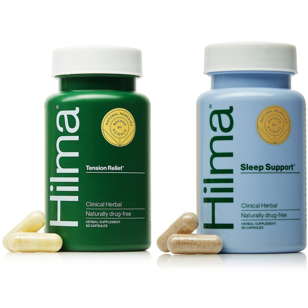 Hilma Natural Tensión Headache Relief + Suplemento de Apoyo al sueño, 50 cápsulas Vegan en cada botella
