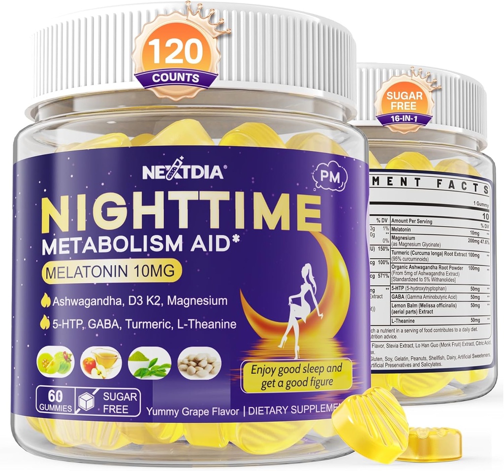 Melatonin 10mg Gummies, Night Time Metabolism Gummies for Adults, Crush Excess Hoarding While You Rest, Promote Healthy Zzzs, with Magnesium, Ashwagandha, 5-HTP, GABA, 100% Drug Free,Sugar Free,2Packs